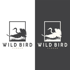 Stork Bird Logo, Heron, Grass, And River Design, Vector Simple Template illustration - obrazy, fototapety, plakaty