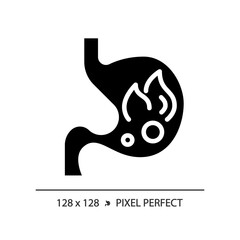 2D pixel perfect glyph style burning stomach icon, isolated silhouette vector, simple illustration representing metabolic health.