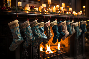 Christmas socks with gifts on fireplace in living room
 - obrazy, fototapety, plakaty