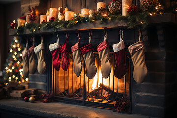 Christmas socks with gifts on fireplace in living room
