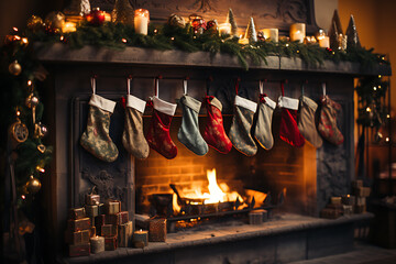Christmas socks with gifts on fireplace in living room
