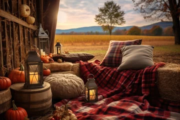 Schilderijen op glas autumn picnic scene with lantern and blankets on hay bales © Alfazet Chronicles