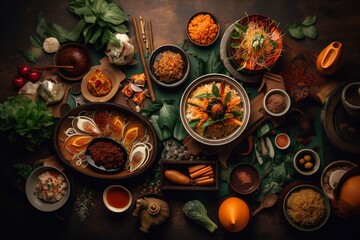 Obraz na płótnie Canvas assorted thai food in flat laying, generative ai