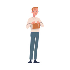 Young Man Teacher Character in Glasses Standing with Book and Teaching Vector Illustration