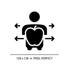 2D pixel perfect glyph style healthy human and fruit icon, isolated silhouette vector, simple illustration representing metabolic health.