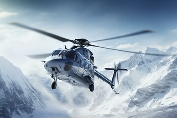 Fototapeta na wymiar Helicopter flies snowy mountains. Generative AI