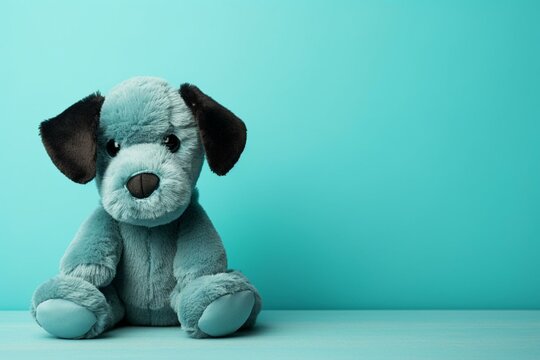 Adorable plush blue puppy on teal background. A cute cuddly toy for babies and children. Generative AI
