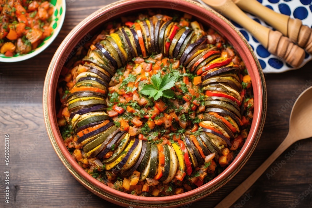 Poster ratatouille dish arranged in a spiraled pattern in round bowl