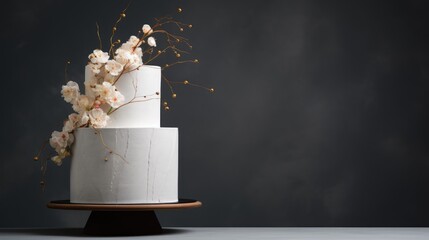 Simple white wedding cake with glaze and flowers on a gray background. AI