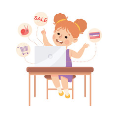 Little Girl Sitting at Laptop Making Purchase and Shopping Online Using Smart Technology Vector Illustration