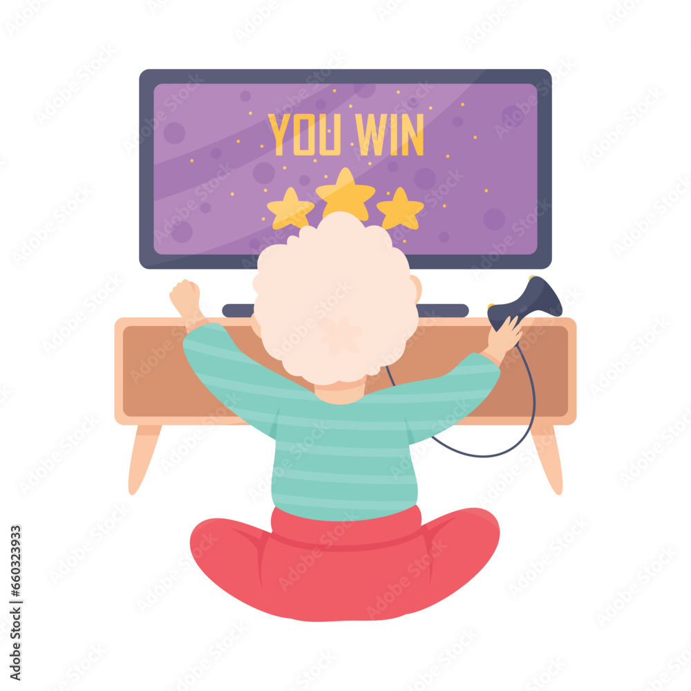 Sticker Little Boy Playing Video Game with Gamepad Sitting at Television Screen Using Smart Technology Vector Illustration