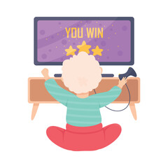 Little Boy Playing Video Game with Gamepad Sitting at Television Screen Using Smart Technology Vector Illustration