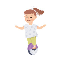 Little Girl Riding Monowheel Using Smart Technology Vector Illustration