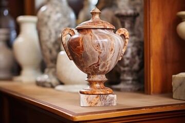 a close view of a marble urn on a wooden shelf