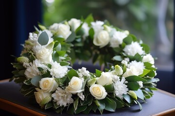 Obraz na płótnie Canvas a funeral wreath made of white roses and eucalyptus