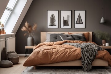 earthy-toned bedroom with scandinavian style decor