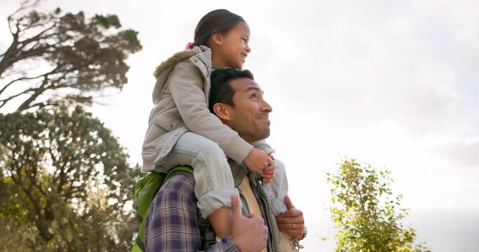 Father, girl and outdoor on shoulders for walk, adventure or games with bonding for love, care or sunshine. Man, child and smile with freedom, balance or excited together in park, garden or backyard