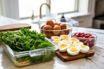 lunchbox with dividers for pasta, boiled eggs, and greens on kitchen counter