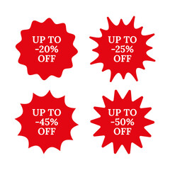 Tag product labels collection. Red splash badges. Star burst price stickers. Sale discount promo boxes, stamps. Set of starburst shapes isolated on white background. Vector illustration.
