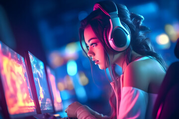 Gamer young girl with gaming headset playing on PC inside gaming room with neon lights - obrazy, fototapety, plakaty