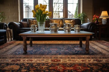 Fototapeta na wymiar persian rugs spread beneath an intricate coffee table