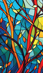 Floral theme vector in stained glass style with branches with berries and leaves on a blue sky background