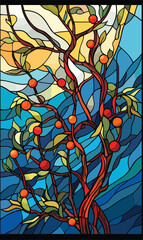 Fototapeta na wymiar Floral theme vector in stained glass style with branches with berries and leaves on a blue sky background