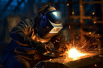Male welder wearing helmet working with welding torch in factory,