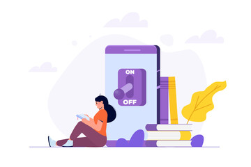 Mobile phone addiction, off phone concept.  Vector illustrations for banner, website, landing page, flyer.