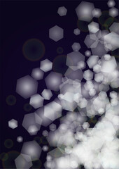 Vector Magical Glowing Background with Silver and Purple Falling Hexagon Snowflakes on Black. Falling Snow. Glittery Confetti Frame. Cosmic Bokeh Light. Christmas and New Year Poster. Winter Sky..