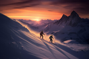 Man and woman skiing downhill at dusk, snowcapped mountain in background,