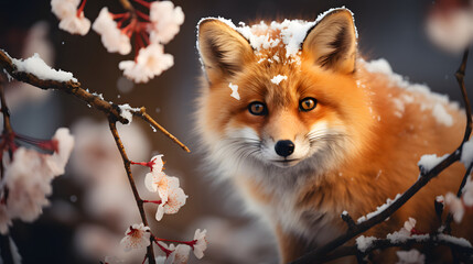 Obraz premium Portrait of young red fox, card for Christmas.