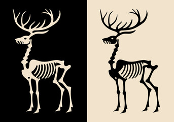 Reindeer skeleton illustration for gothic Christmas decorations. Creepy holiday season dark academia aesthetic. Minimalist vector illustration for printable products.