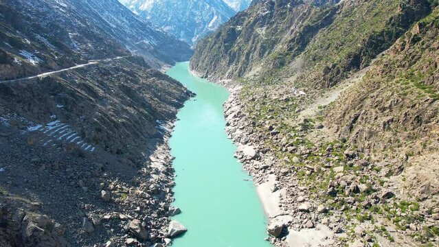 Karakoram Highway in Pakistan with Indus River and Mountains Drone 4K
