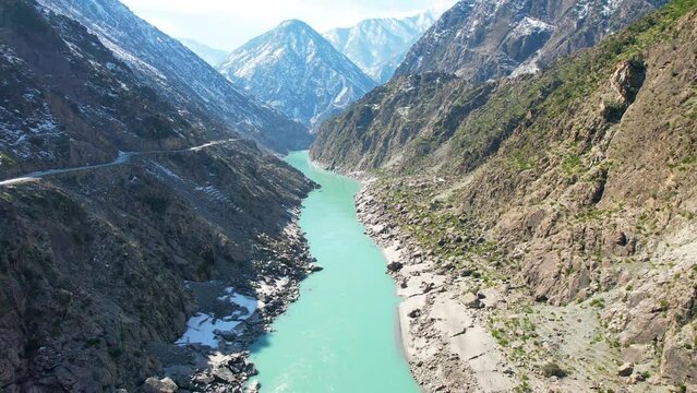 Karakoram Highway in Pakistan with Indus River and Mountains Drone 4K
