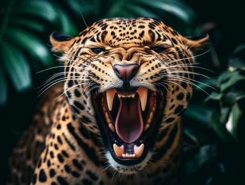 detailed close up portrait of a roaring leopard, generative ai