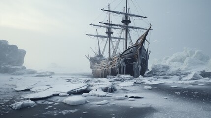 Obraz premium A ghostly shipwreck on a snowy shore, cursed for eternity.