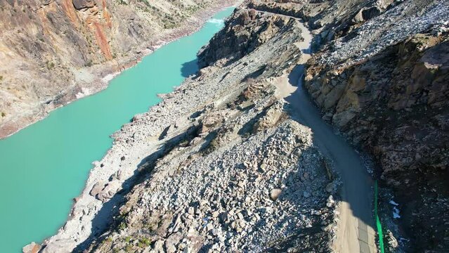 Karakoram Highway in Pakistan with Indus River and Mountains Drone 4K
