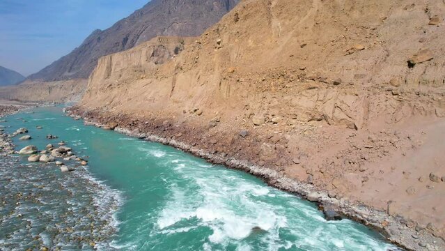 Karakoram Highway in Pakistan with Indus River and Mountains Drone 4K
