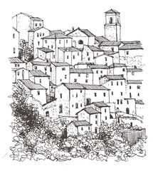 Travel sketch of houses in Sorano. Liner sketches buildings of Tuscany, Italy. Graphic illustration. Sketch in black color on white background. Hand drawn travel postcard. Freehand drawing.