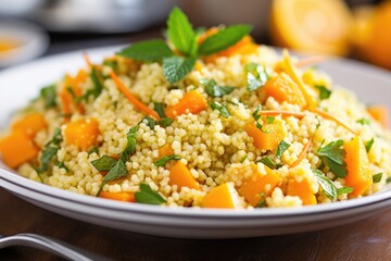 Fototapeta na wymiar detail view of couscous salad with bright orange carrots