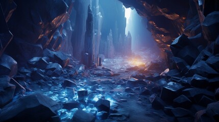 A hidden cave filled with glowing crystals and ancient secrets. - obrazy, fototapety, plakaty