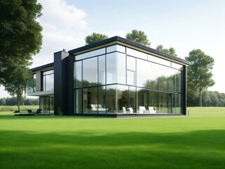 Fototapeta na wymiar A very modern, luxurious house somewhere in the countryside. Building with large glass windows and green grass.