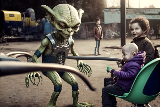 Alien playing with kids in the playground colour picture full body shot ultra detailed photorealistic 