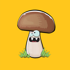 Cartoon mushroom characters isolated on orange background. Funky boletus character with eyes and mouth. Vector white mushroom with brown cap clip art, emoji, label and sticker
