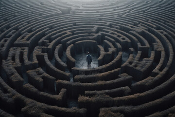 Fototapeta na wymiar Man in the middle of a mysterious maze