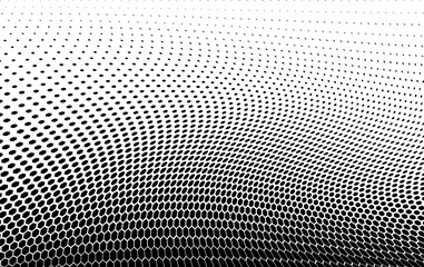 Wavy half tone effect. Abstract background with dots. Optical spotted texture. Halftone dot pattern. Black white banner. Futuristic pop art print. Monochrome vector illustration.