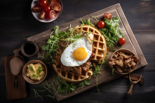 Waffles with fried pork egg, top view, generative ai