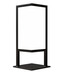 Two display blank advertisement signs isolated on white background. mockup of street store template signboard , Metal cafe restaurant bar plastic badge black white, 3D illustration.