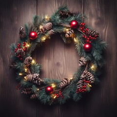 Fototapeta na wymiar Festive Christmas wreath with lights bow and cones.